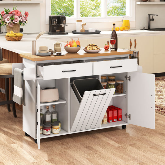 Mobile Kitchen Island Table, With Trash Bag Storage, White