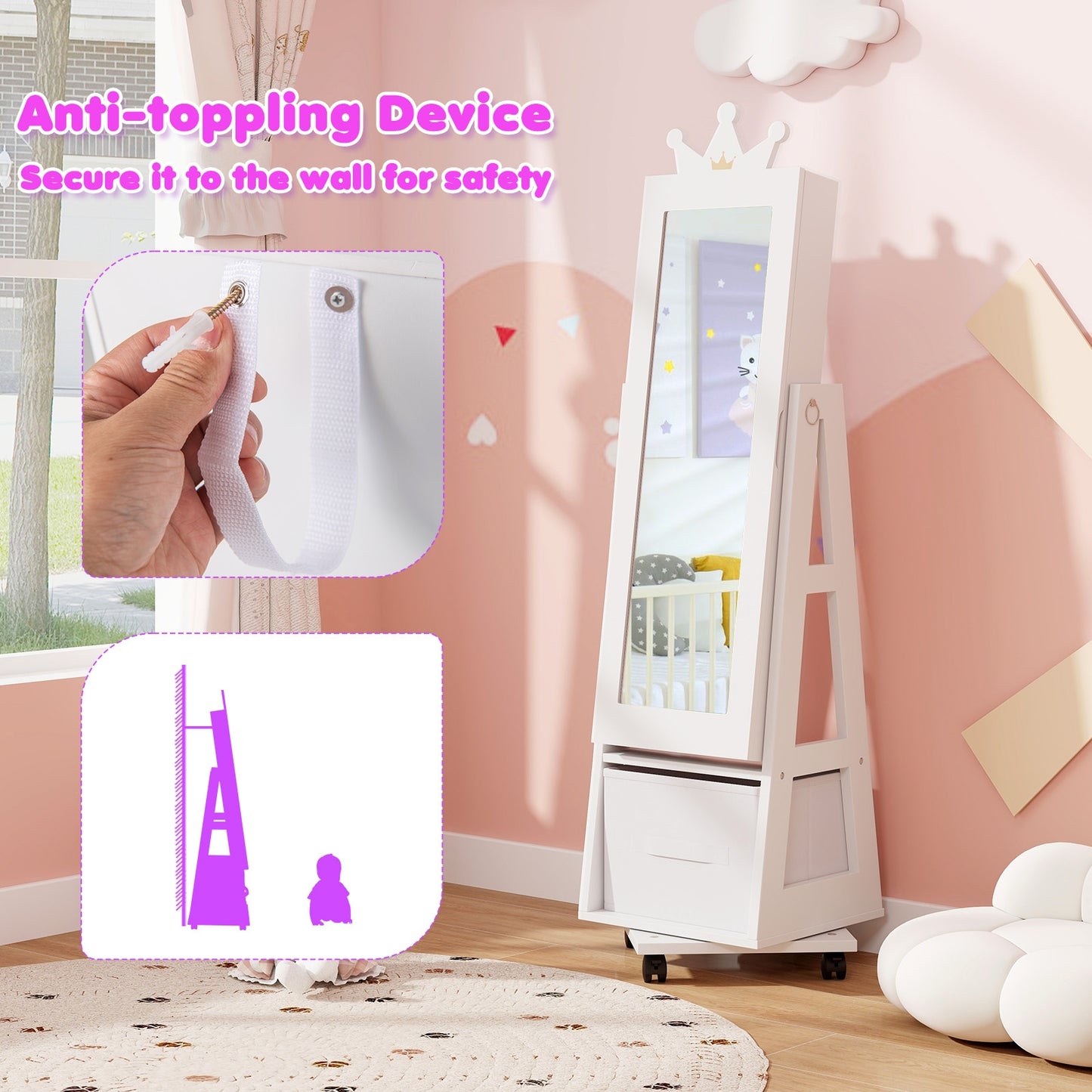 Kids Jewelry Armoire Cabinet, With Swivel Base And Lockable Wheels, White Kids Vanities at Gallery Canada