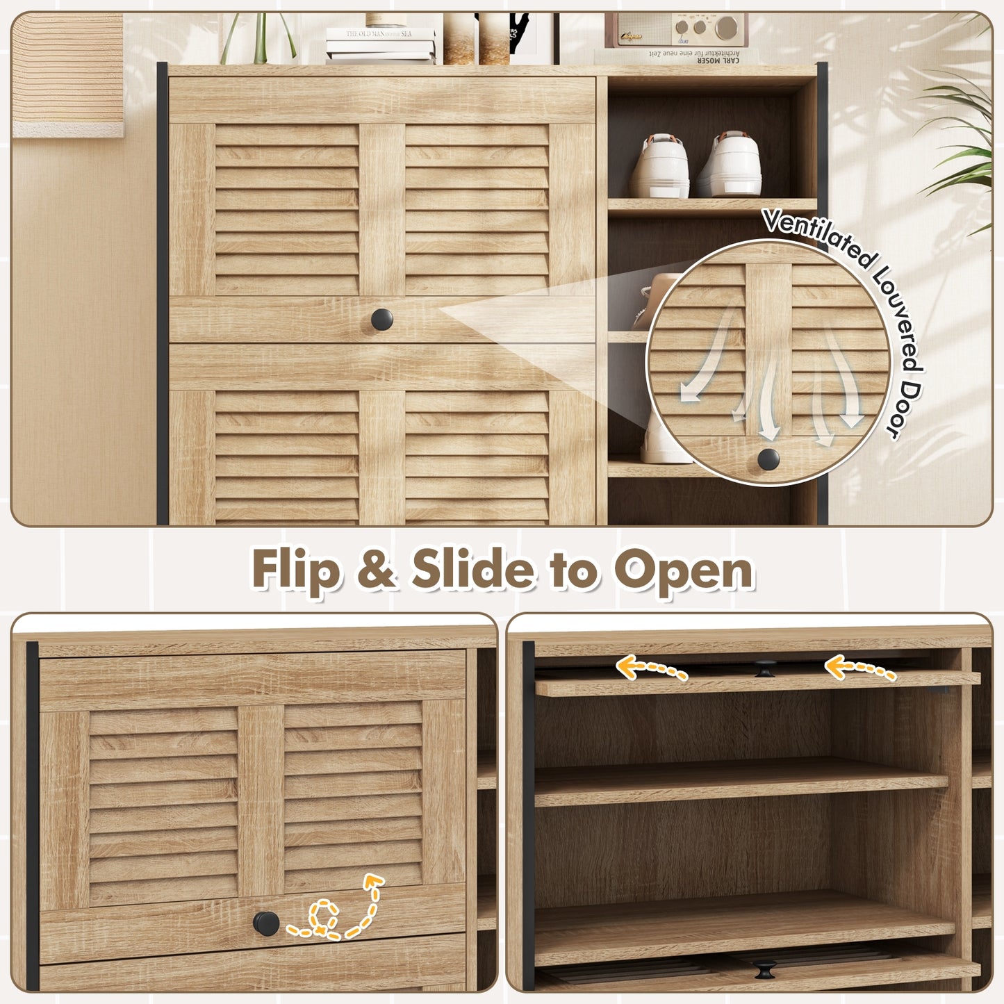 Shoe Rack Organizer with Flip-up See-through Doors and Adjustable Shelves, Oak Shoe Racks & Storage Benches at Gallery Canada