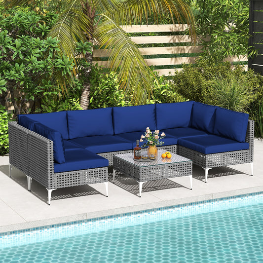 7 Piece Outdoor Furniture Set Wicker Chairs with Tempered Glass Coffee Table, Navy Patio Conversation Sets Navy at Gallery Canada