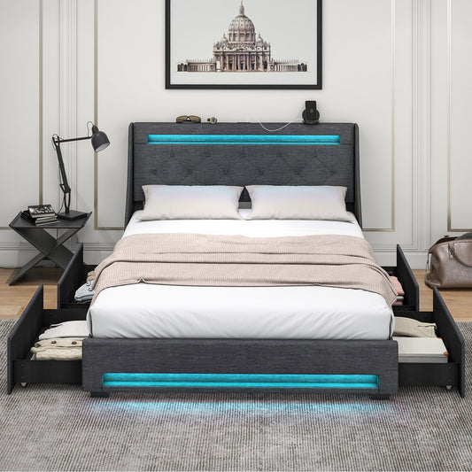 Queen Size Upholstered Platform Bed Frame, LED Lights, Charging Station, Gray Folding Beds Gray at Gallery Canada