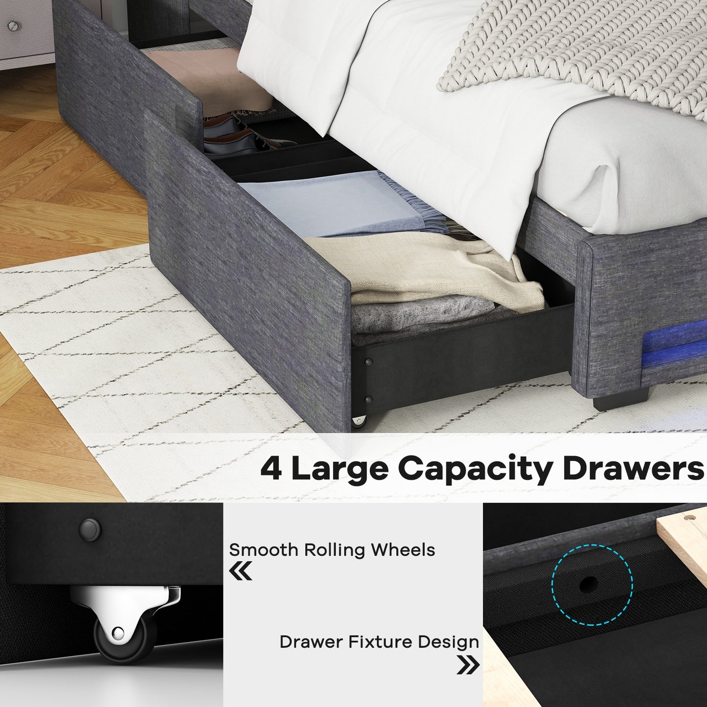Queen Size Upholstered Platform Bed Frame, LED Lights, Charging Station, Gray Folding Beds at Gallery Canada