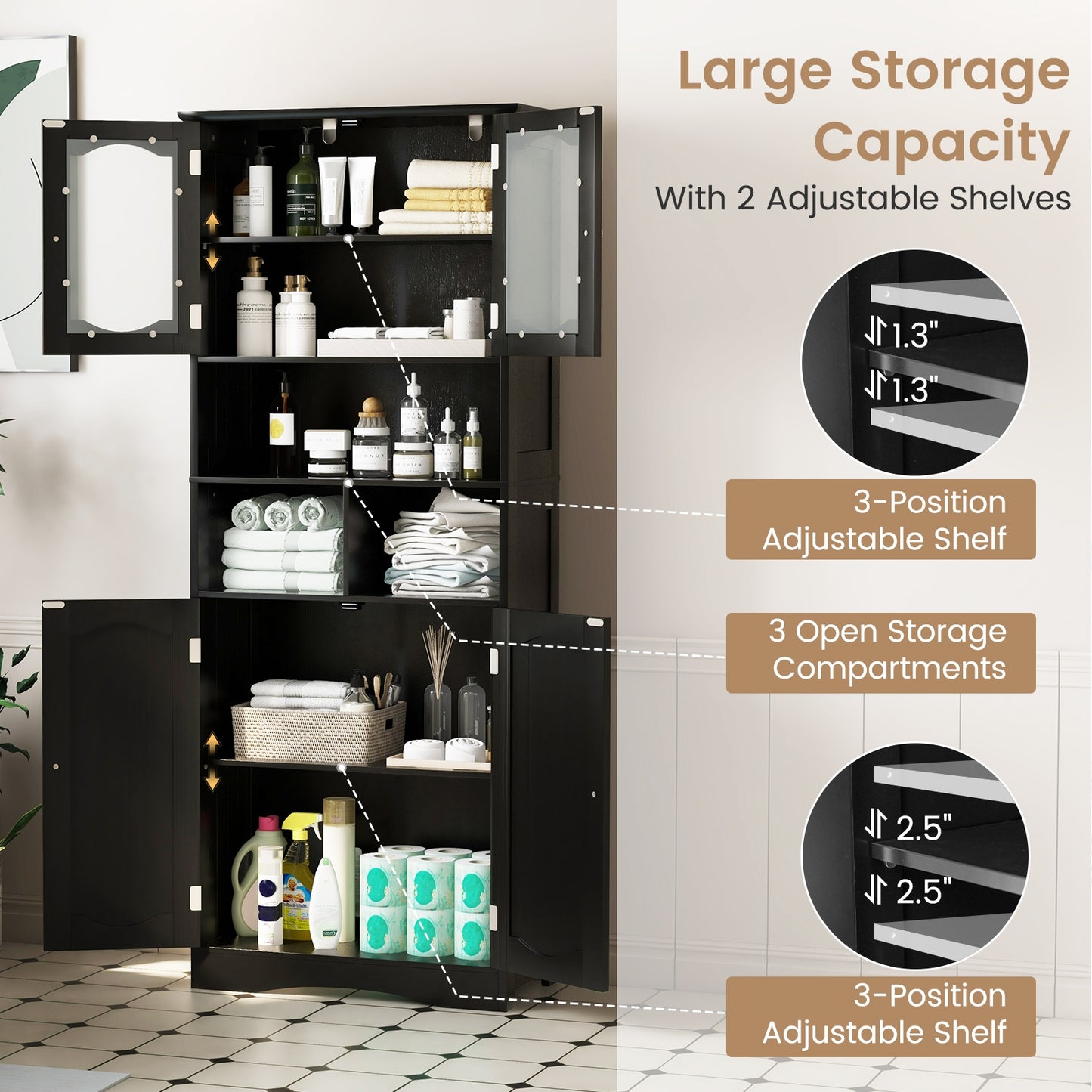 58.5 Inch Freestanding Linen Cabinet, Frost Glass Doors, Black Floor Cabinets at Gallery Canada