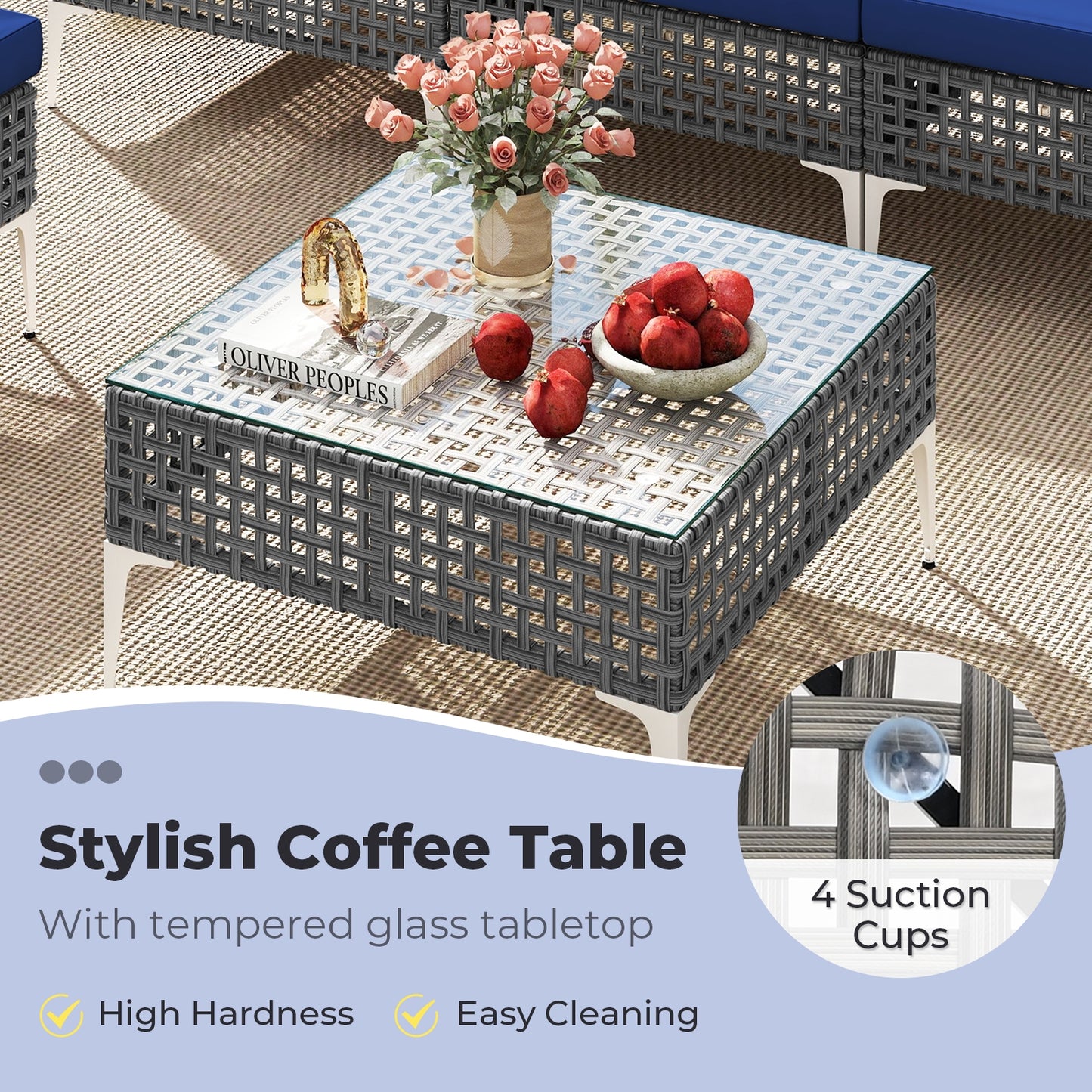 7 Piece Outdoor Furniture Set Wicker Chairs with Tempered Glass Coffee Table, Navy
