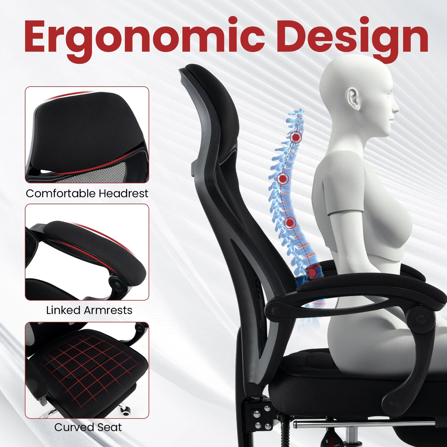Chaise de bureau ergonomique en mesh, avec repose-pieds et dossier inclinable, noir