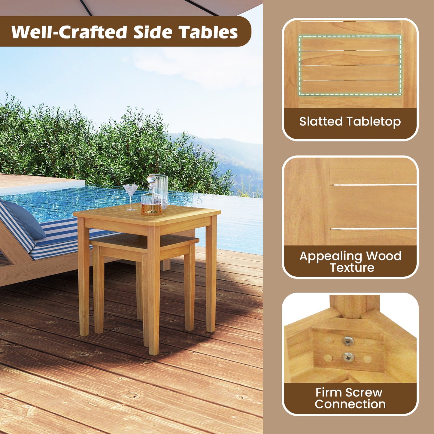 2 Pieces Space Saving Design Teak Wood Outdoor Patio Nesting Table, Natural Patio Coffee Tables at Gallery Canada
