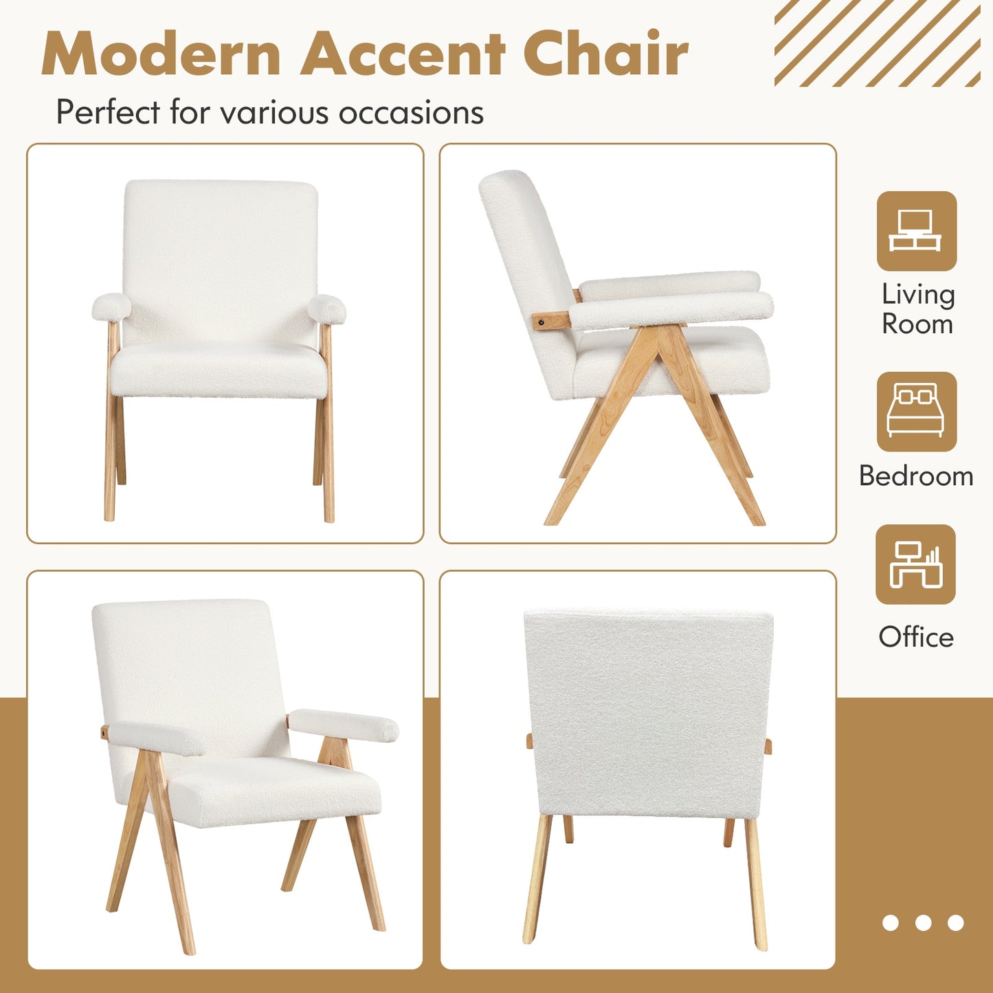 Mid Century Modern Accent Chair with Rubber Wood Frame and Padded Armrests, White Accent Chairs at Gallery Canada