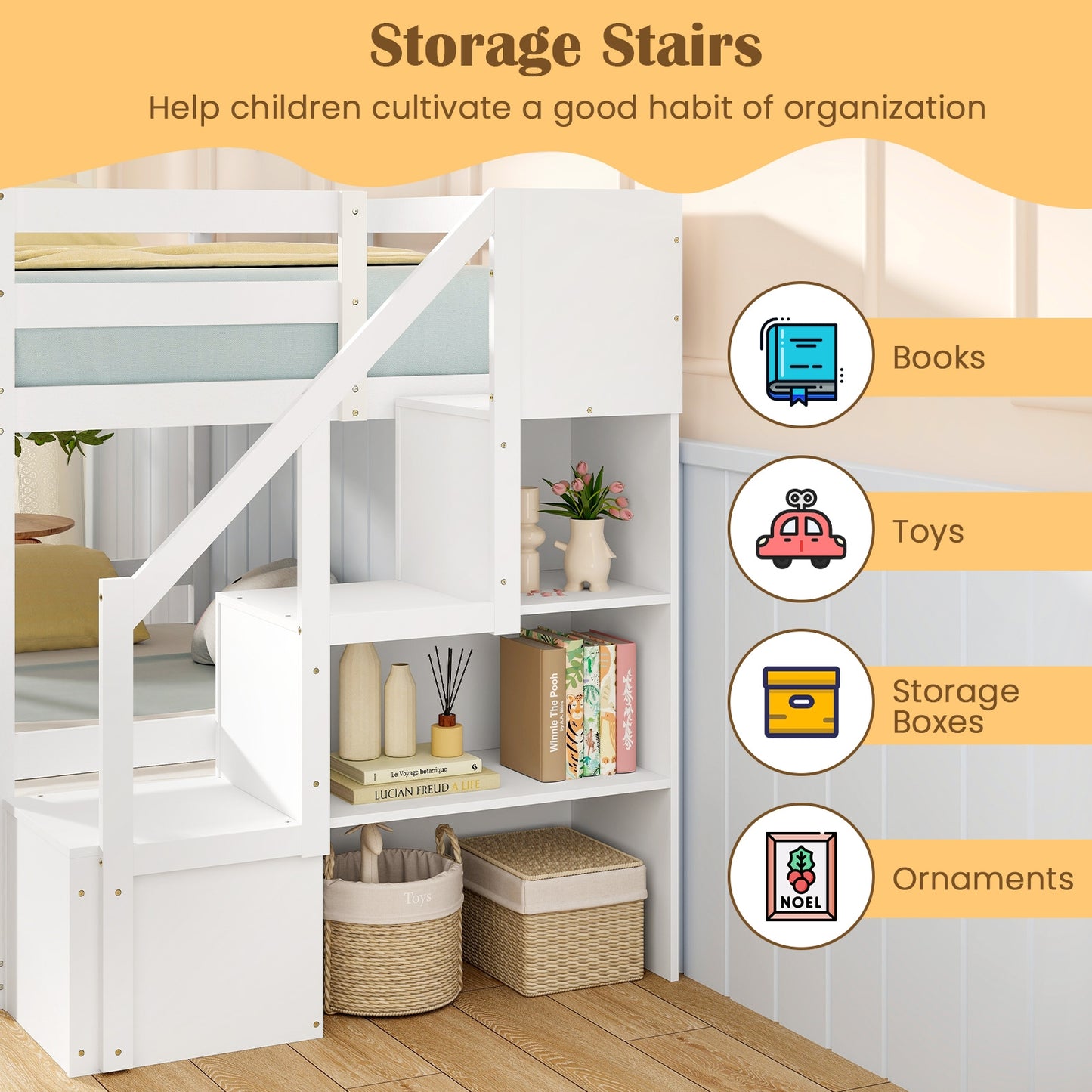 Twin Over Twin Low Bunk Bed with Storage Stairs Solid Wood Floor Bunk Bed Frame, White Bunk Bed Frame at Gallery Canada