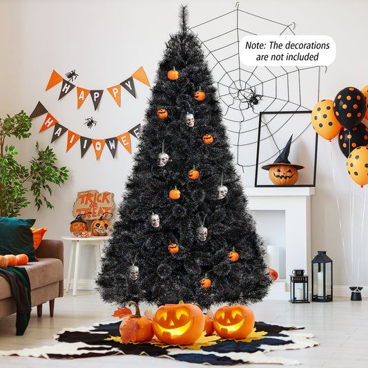 6/7/8 Feet Black Artificial Halloween Christmas Tree with PVC Branch Tips and 210/320/450 Cool White LED Lights-L, Black