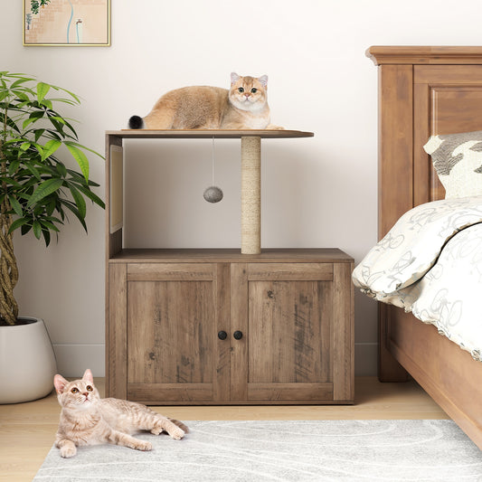 34.5 Inch Cat Tree With Litter Box Enclosure, Sisal Scratching Post, Gray Cat Trees Condos & Scratchers Gray at Gallery Canada