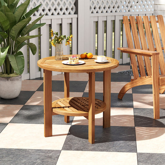 Outdoor Teak Wood Round Side Table Patio End Table with Slatted Storage Shelf, Natural Patio Coffee Tables Natural at Gallery Canada