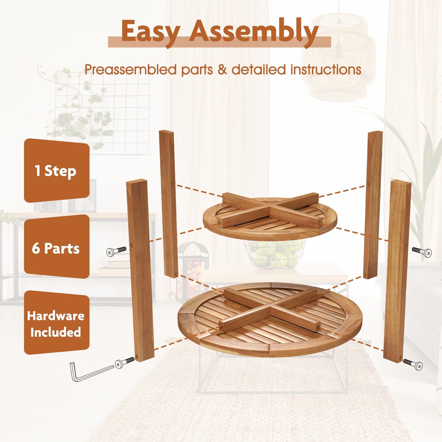 Outdoor Teak Wood Round Side Table, Slatted Storage Shelf, Natural Patio Coffee Tables at Gallery Canada
