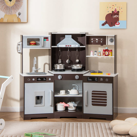 Pretend Play Kitchen Wooden Toy Set with Range Hood Real Sounds and Lights, Brown Play Kitchen Sets Brown at Gallery Canada