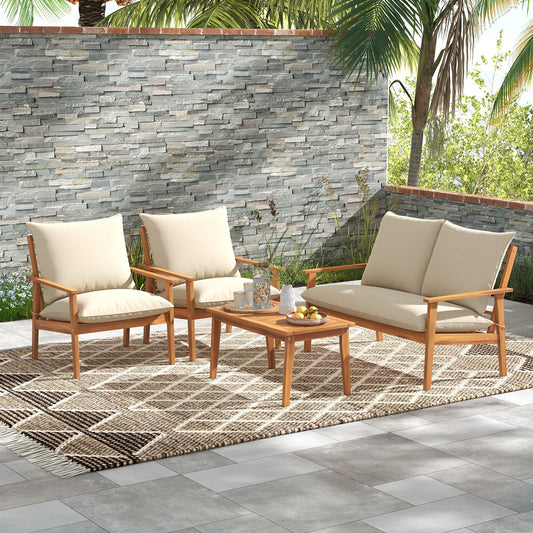 4 Piece Acacia Wood Conversation Set With Cushions, Coffee Table, White Patio Conversation Sets White at Gallery Canada