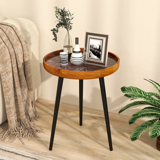 16 Inch Round End Table, Sea Shell Decoration, Epoxy Resin Finish, Brown End & Side Tables Brown at Gallery Canada