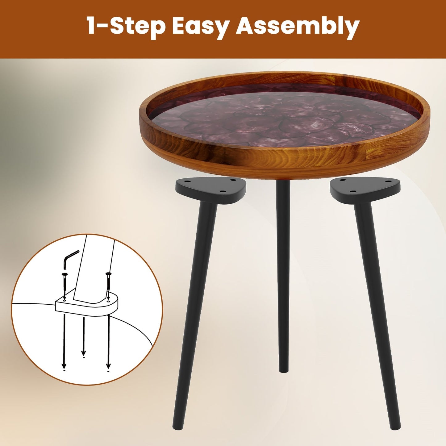 16 Inch Round End Table, Sea Shell Decoration, Epoxy Resin Finish, Brown End & Side Tables at Gallery Canada