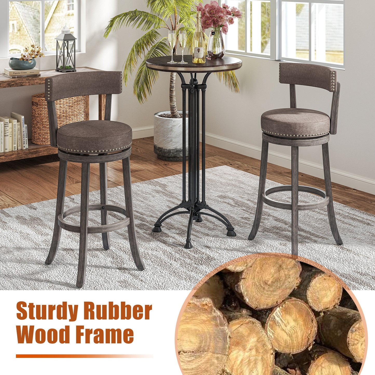 Set of 2 Counter Height Chairs, 360° Swivel Seat, Rubber Wood Frame, 29 Inches Bar Stools at Gallery Canada