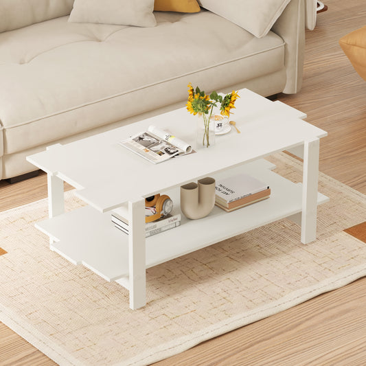 2-Tier Coffee Table Slatted Wood Center Table with Storage Shelf, White Coffee Tables White at Gallery Canada