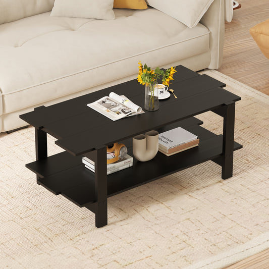 2-Tier Coffee Table Slatted Wood Center Table with Storage Shelf, Black Coffee Tables Black at Gallery Canada