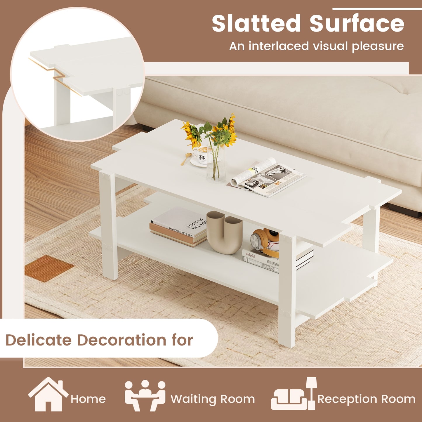 2-Tier Coffee Table Slatted Wood Center Table with Storage Shelf, White Coffee Tables at Gallery Canada