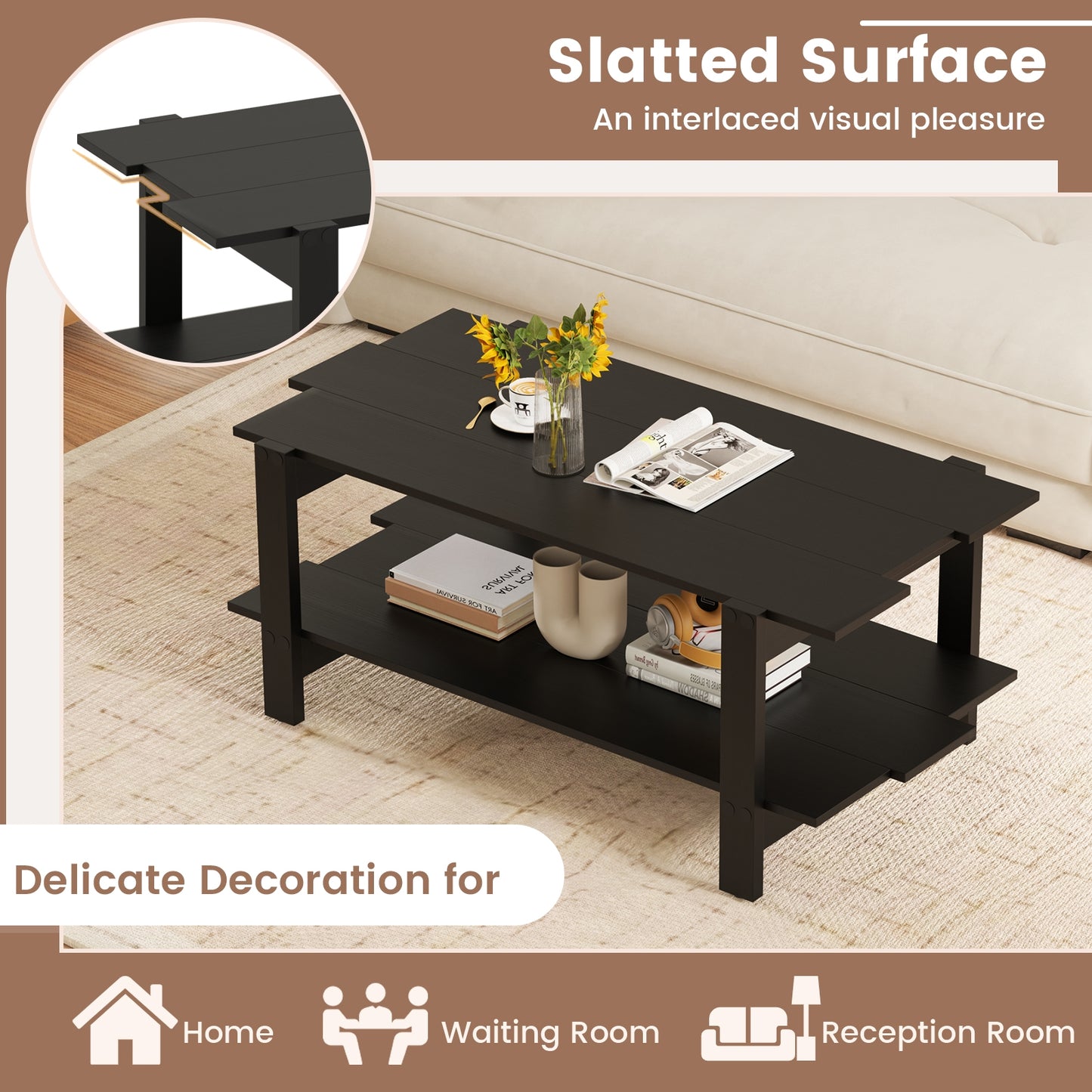 2-Tier Coffee Table Slatted Wood Center Table with Storage Shelf, Black Coffee Tables at Gallery Canada