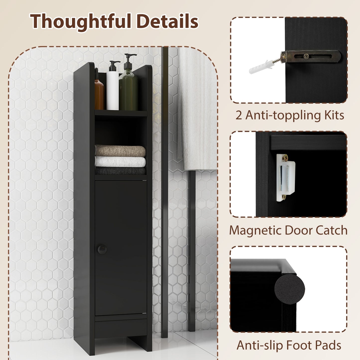 Slim Corner Bathroom Cabinet With Door, Adjustable Shelf, Black Floor Cabinets at Gallery Canada