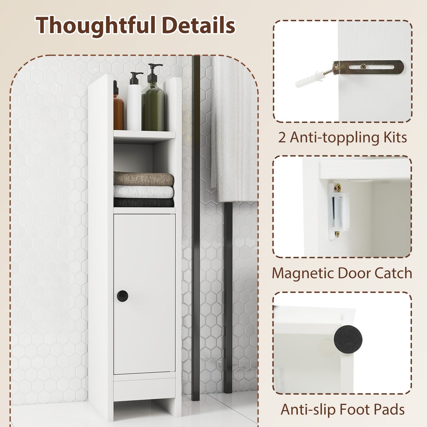 Slim Corner Bathroom Cabinet With Door, Adjustable Shelf, White Floor Cabinets at Gallery Canada