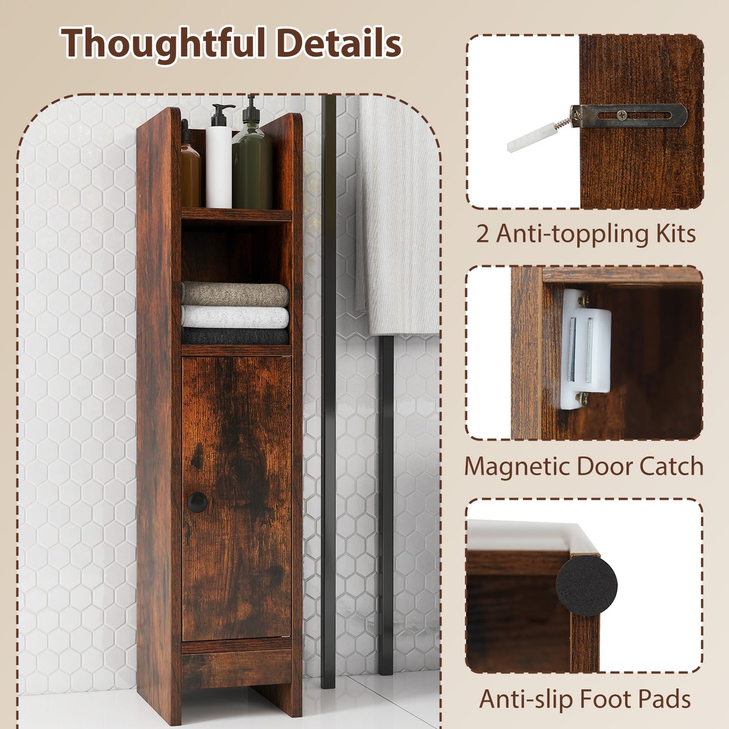 Slim Corner Bathroom Cabinet With Door, Adjustable Shelf, Coffee Floor Cabinets at Gallery Canada