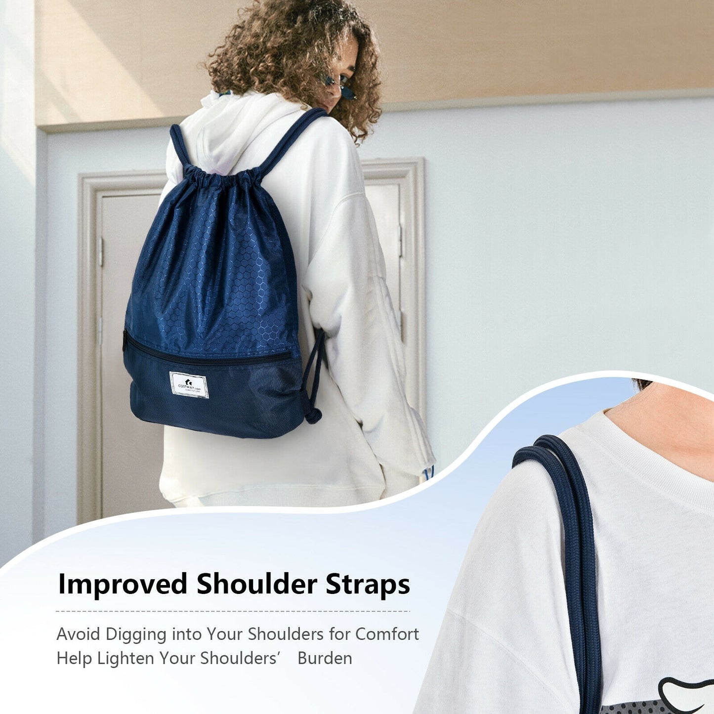 Drawstring Backpack String Bag Foldable Sports Sack with Zipper Pocket, Dark Blue