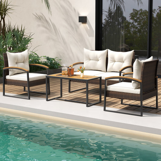 4-Piece Patio Conversation Set, Acacia Wood Armrests, Tabletop, Cushions, White Patio Conversation Sets White at Gallery Canada