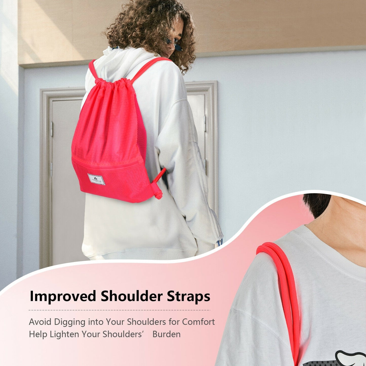 Drawstring Backpack String Bag Foldable Sports Sack with Zipper Pocket, Pink Camping at Gallery Canada