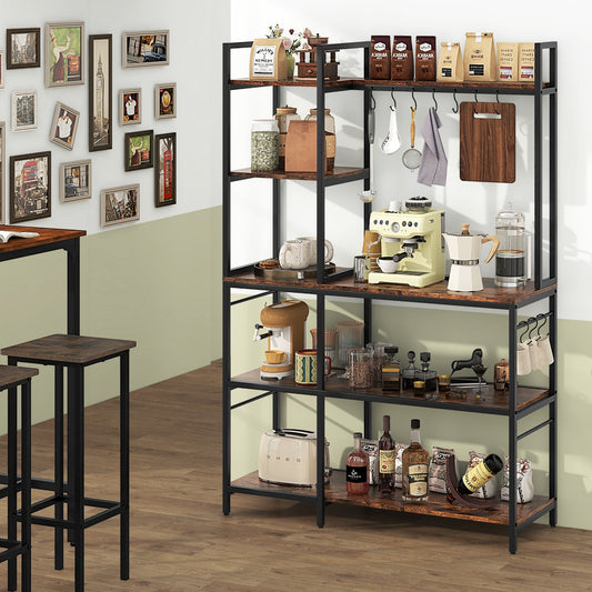 5-Tier Bakers Rack With Power Outlets, 10 S-Shaped Hooks, Rustic Brown Baker's Racks Rustic Brown at Gallery Canada