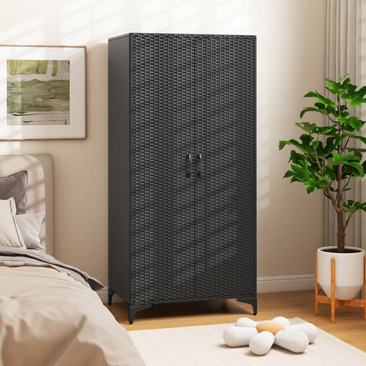 62 Inch Wicker Wardrobe, 2 Doors PE Rattan Closet, Hanging Rod, Black Armoires & Wardrobes Black at Gallery Canada