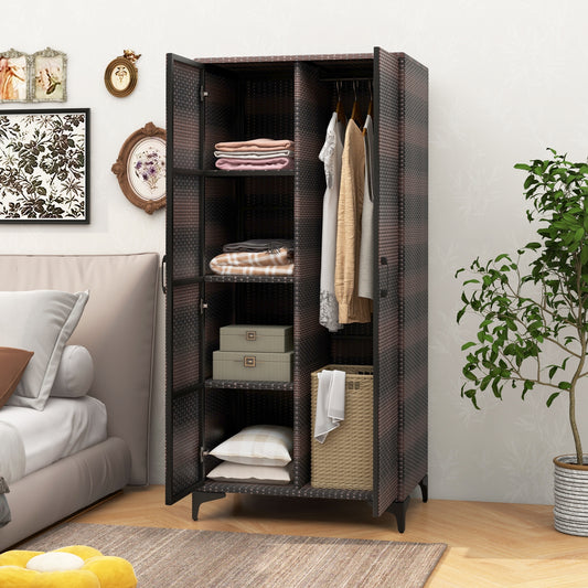 62 Inch Wicker Wardrobe, 2 Doors, PE Rattan Closet, Hanging Rod, Brown Armoires & Wardrobes Brown at Gallery Canada
