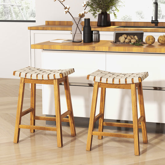Faux PU Leather Bar Stools, Set Of 2, Woven Curved Seat, 25.5 Inches, Natural Bar Stools Natural at Gallery Canada