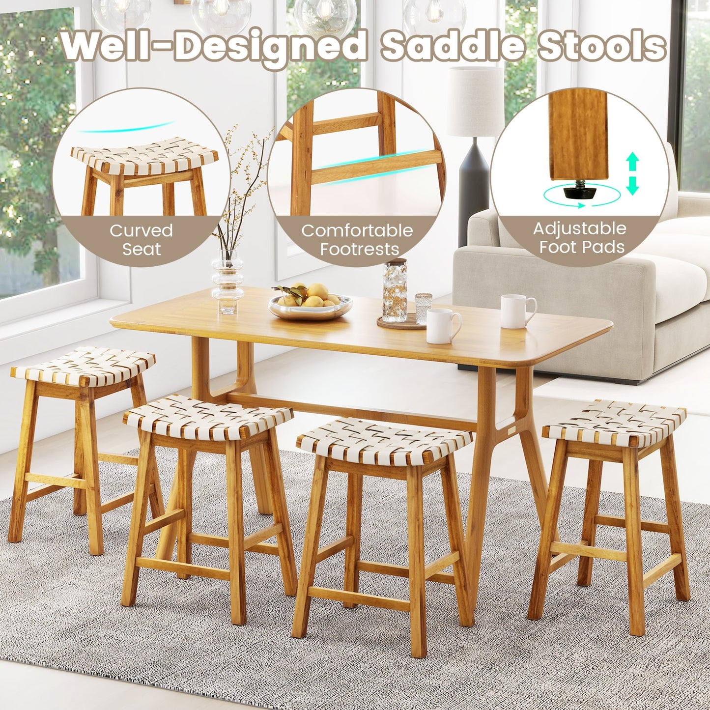 Faux PU Leather Bar Stools, Set Of 2, Woven Curved Seat, 25.5 Inches, Natural Bar Stools at Gallery Canada