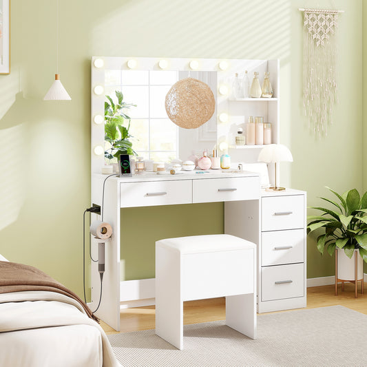 Makeup Table And Stool Set With Hair Dryer Stand, White Makeup Vanities White at Gallery Canada