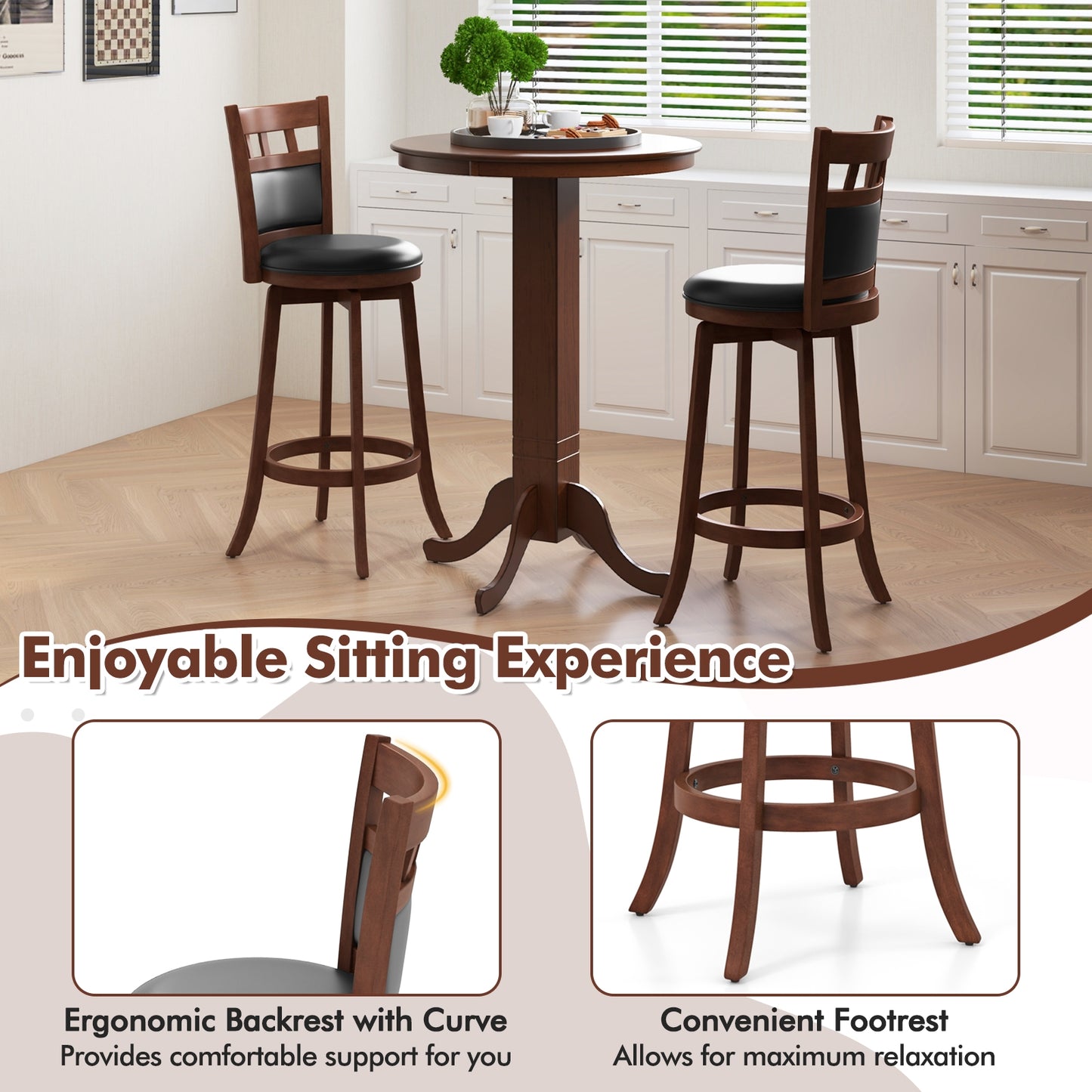 Wood Swivel Bar Stools, Set of 2, Faux Leather Seat, Brown Bar Stools at Gallery Canada