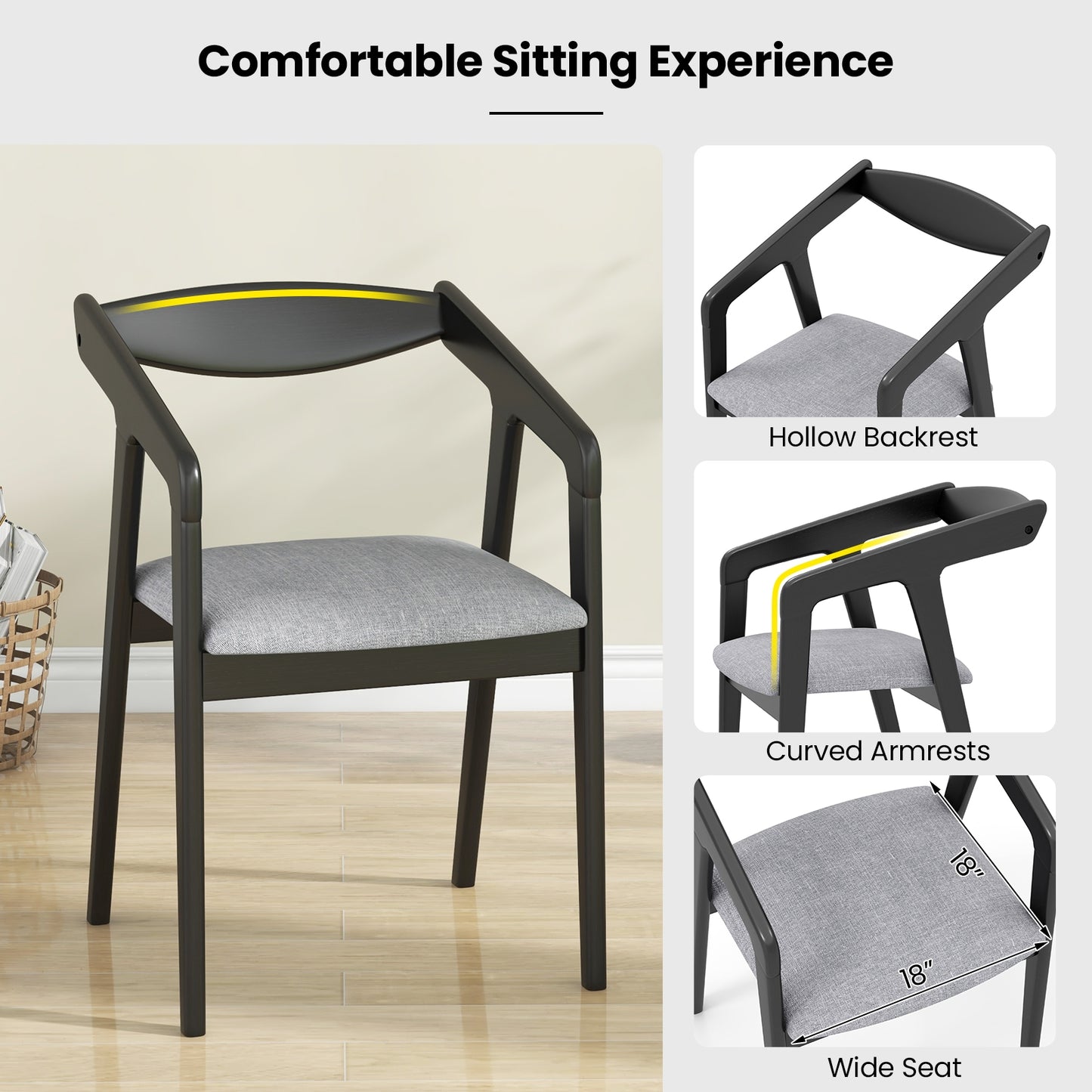 Wooden Dining Chair Set of 2 with Rubber Wood Frame Armrests and Padded Cushion-black, Black Dining Chairs at Gallery Canada