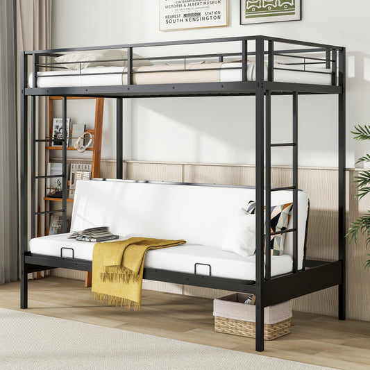 Twin Over Futon Bunk Bed with 2 Ladders and Safety Guardrails, Black Trundle Bed Frame Black at Gallery Canada