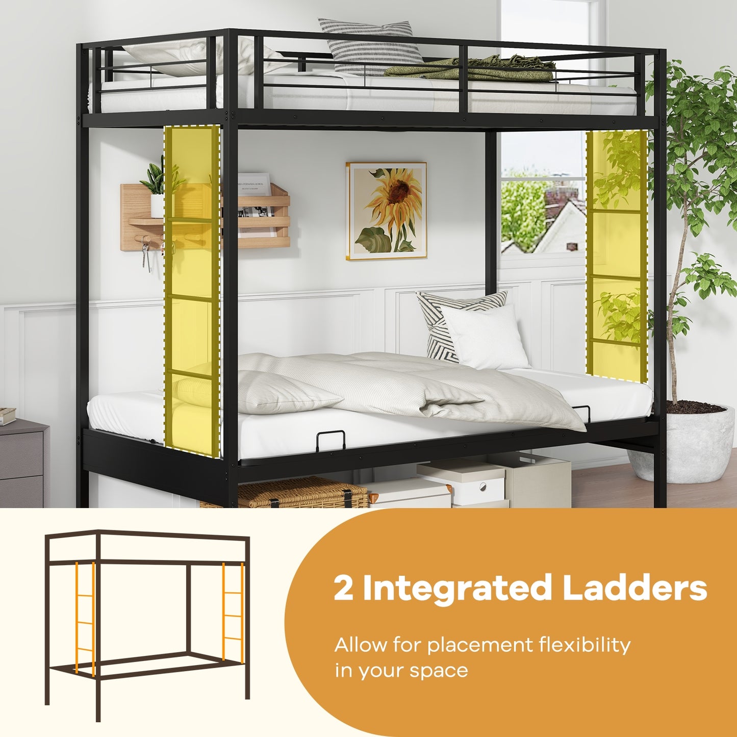 Twin Over Futon Bunk Bed, 2 Ladders, Safety Guardrails, Black Trundle Bed Frame at Gallery Canada