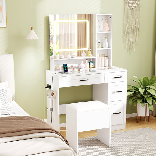Dressing Desk with 3 Color Lighting and Hair Dryer Stand, White Makeup Vanities White at Gallery Canada