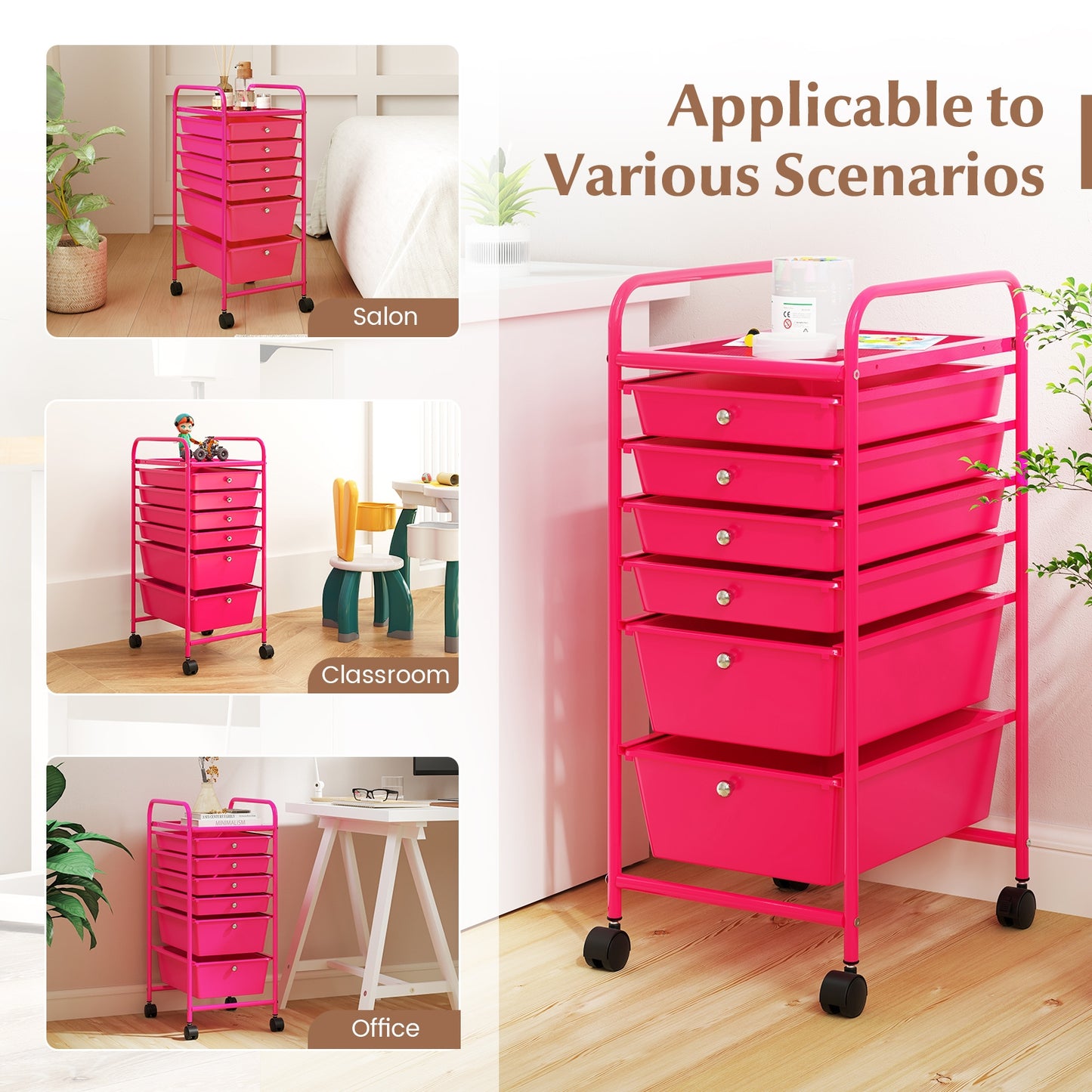 6 Drawers Rolling Storage Cart Organizer, Rose Red File Cabinets at Gallery Canada