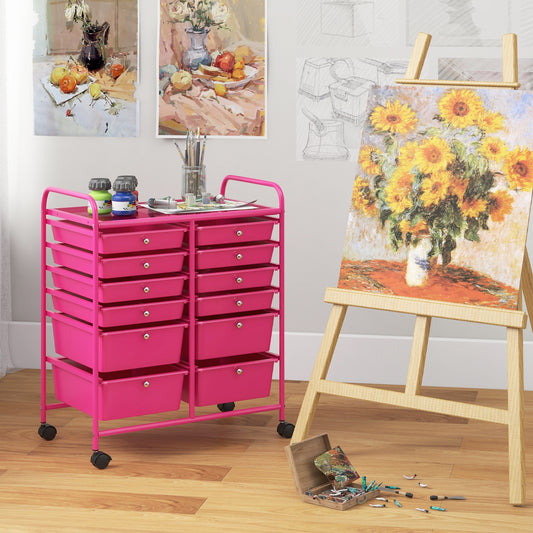 12-Drawer Rolling Storage Cart with Removable Drawers and Lockable Wheels, Rose Red File Cabinets Rose Red at Gallery Canada