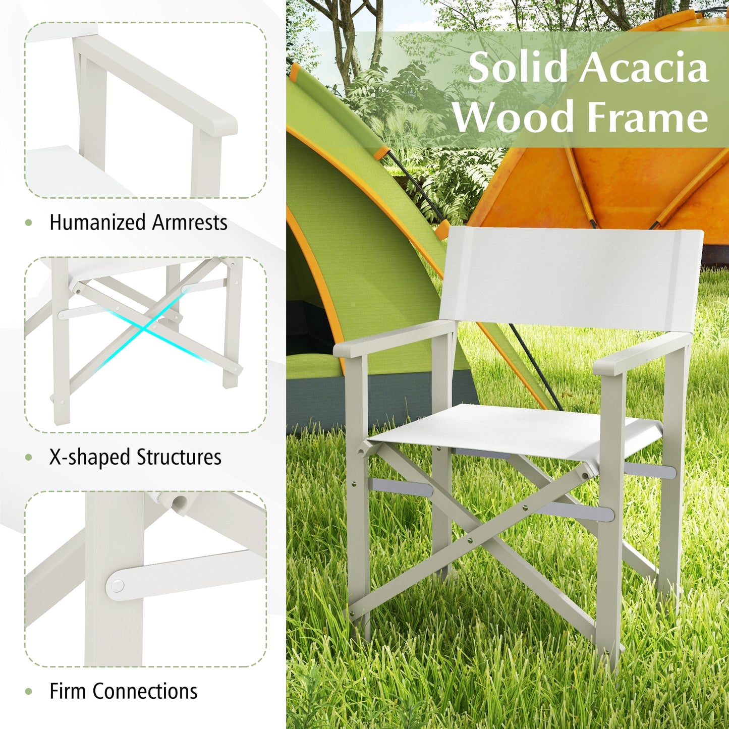 Folding Director Chair with Acacia Wood Frame and Machine Washable Oxford Fabric, Off White Patio Dining Chairs at Gallery Canada