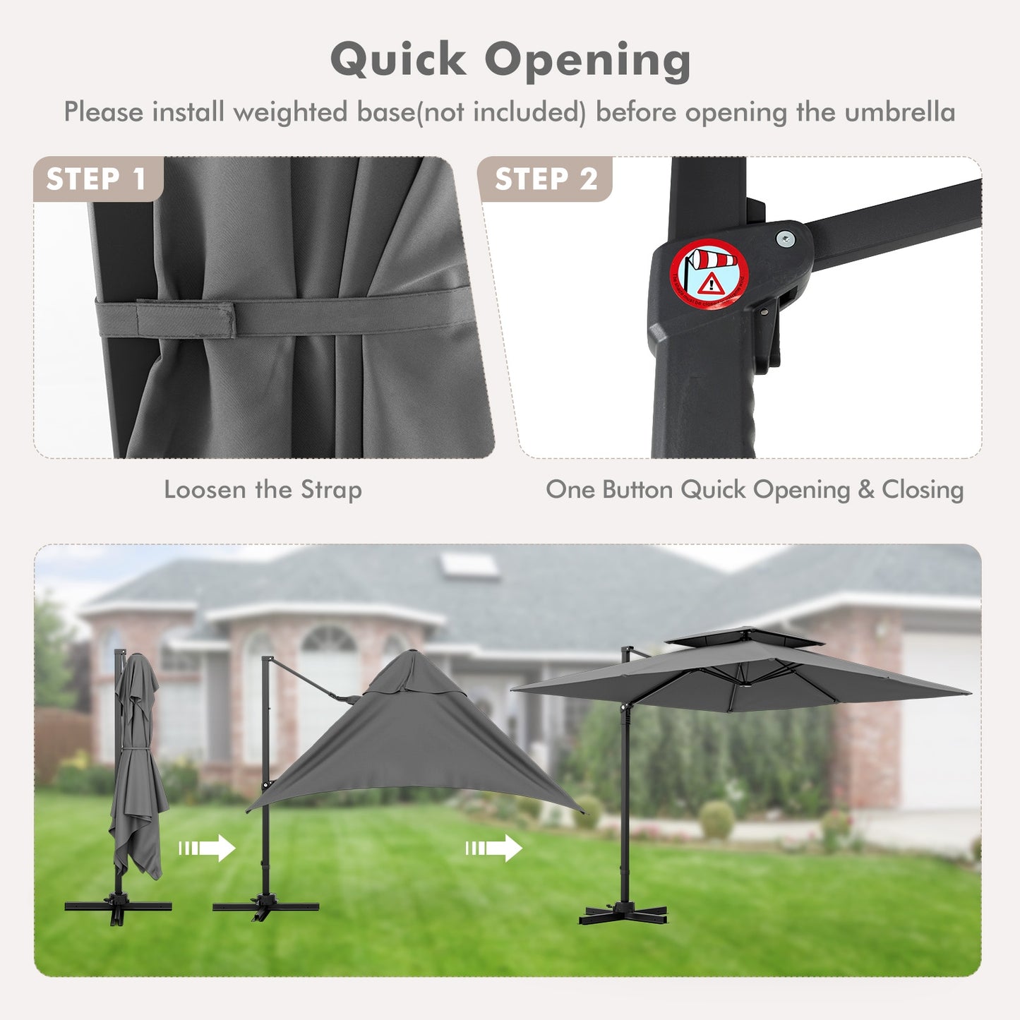 9.5 Feet Cantilever Patio Umbrella, 360° Rotation, Double Top, Gray Outdoor Umbrellas at Gallery Canada