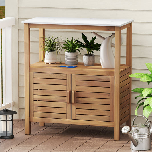 Outdoor Potting Bench Acacia Wood Garden Potting Table Planting Work Bench Station with Louvered Doors, Natural Potting Benches & Tables Natural at Gallery Canada