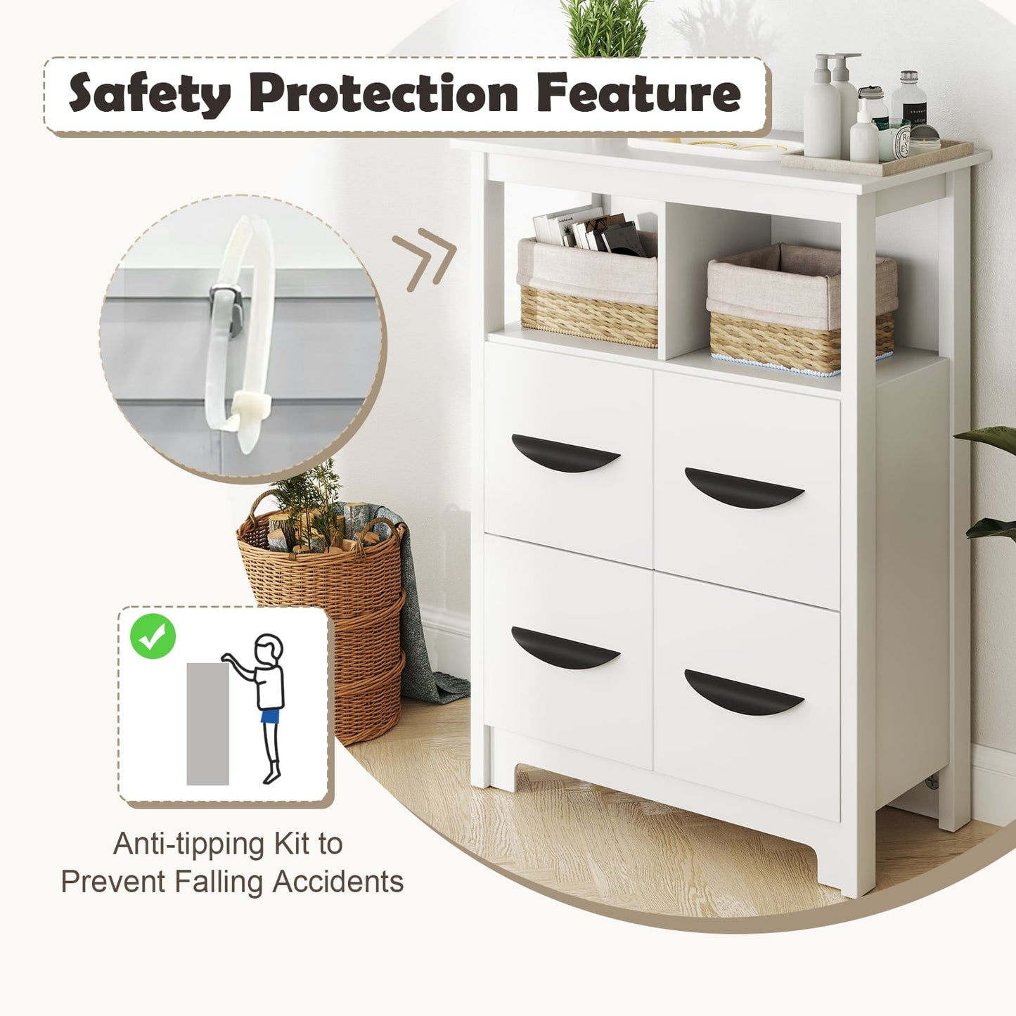 24 Inch Floor Cabinet, 2 Open Compartments, 2 Drawers, White Floor Cabinets at Gallery Canada