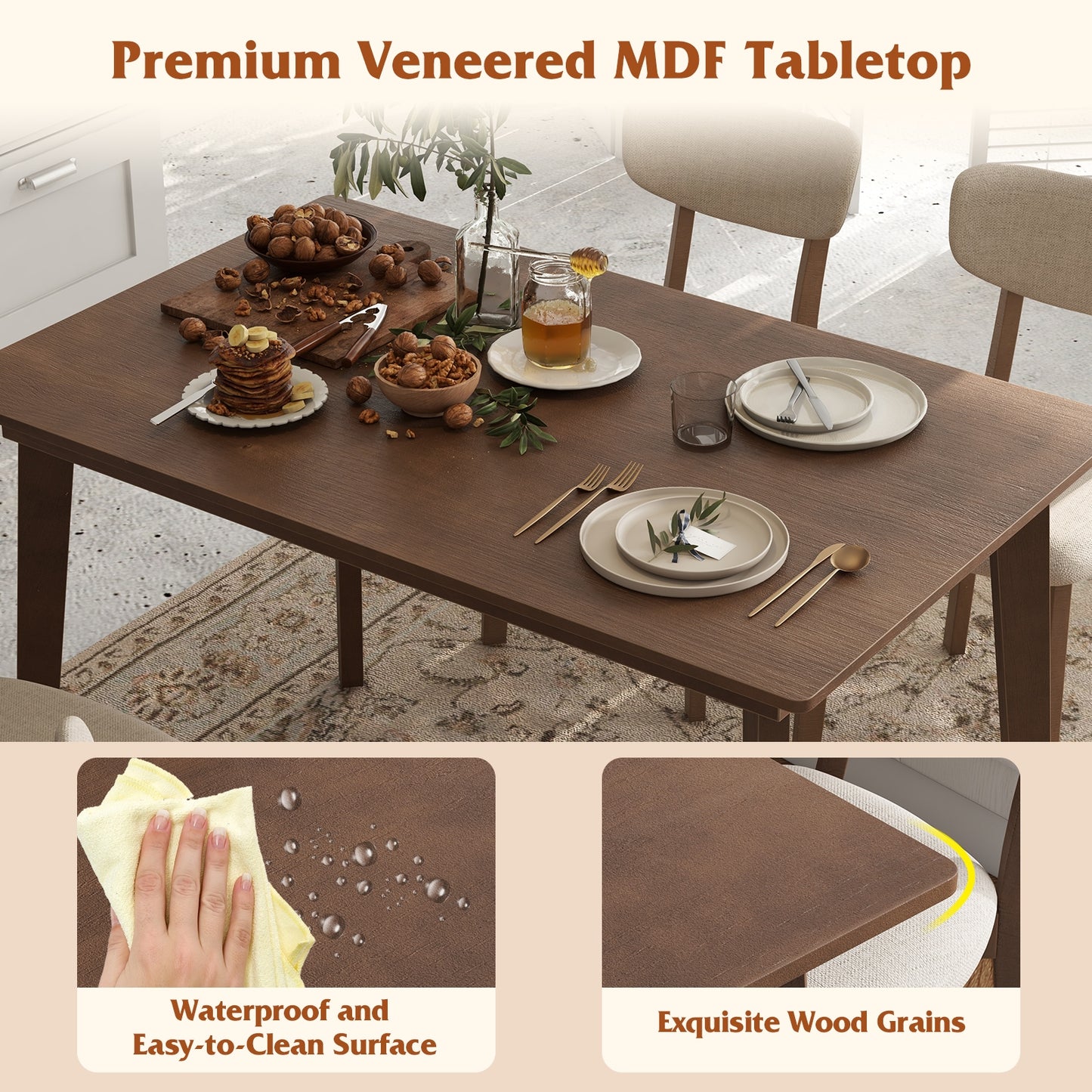 5-Piece Dining Table Set for 4 with Rubber Wood Frame and Padded Set, Brown Dining Room Sets at Gallery Canada