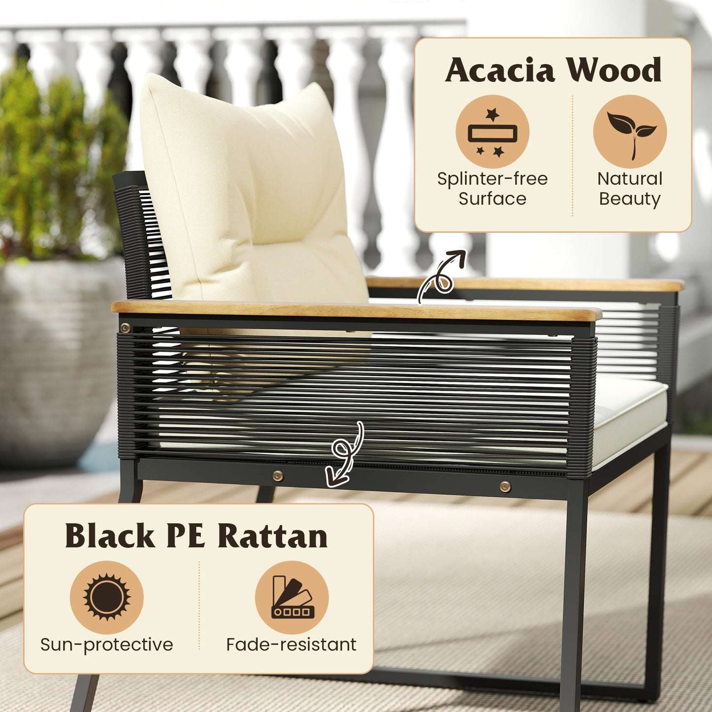 4 Piece Patio Furniture Set, Outdoor Conversation Set, Tempered Glass Coffee Table, Black